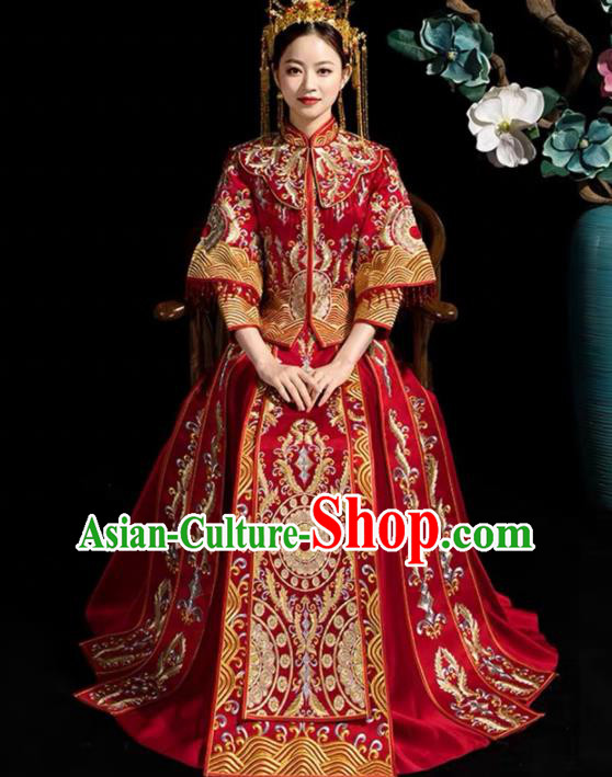 China Traditional Bride Dress Outfits Embroidery Red Xiuhe Suits Bridal Attire Clothing Wedding Diamante Garment Costumes
