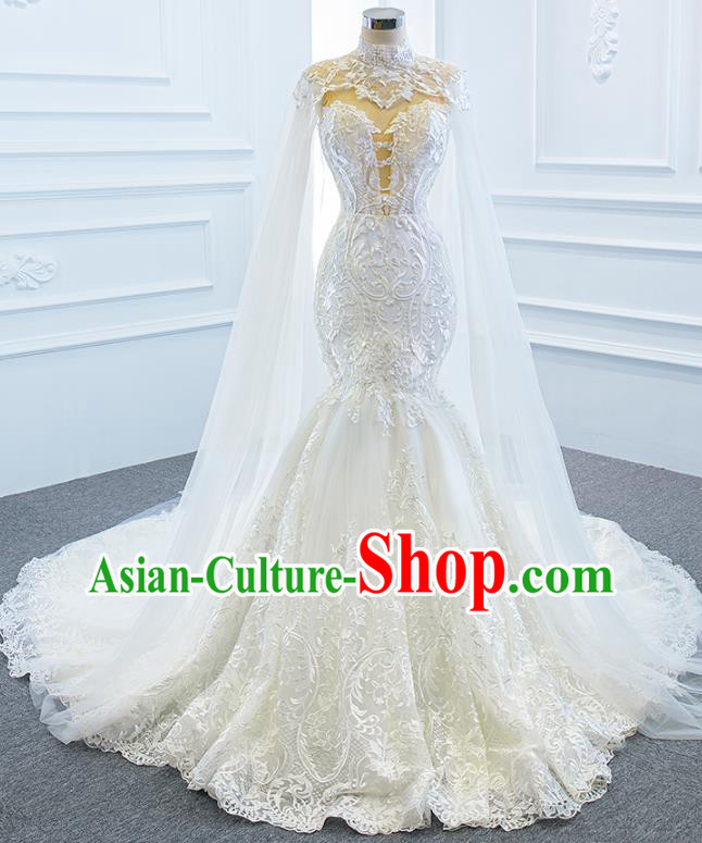 Custom European Princess Costume Bride Clothing Luxury White Lace Wedding Dress Compere Formal Garment Court Vintage Trailing Full Dress