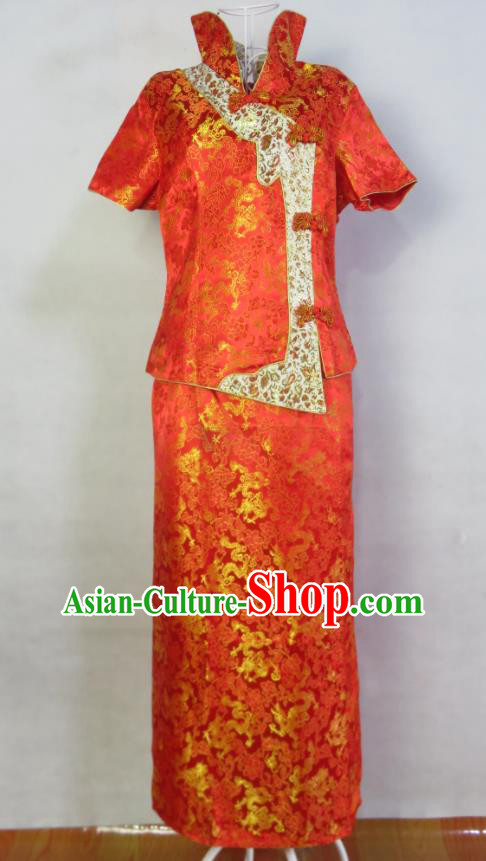 China Ancient Bride Dress Toasting Clothing Wedding Garment Costumes Classical Red Brocade Cheongsam Traditional Marriage Xiuhe Suits