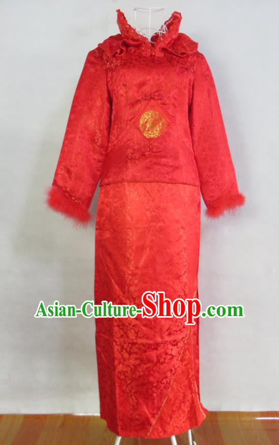 China Classical Red Brocade Cheongsam Traditional Embroidery Xiuhe Suits Ancient Toasting Clothing Bride Dress Wedding Garment Costumes