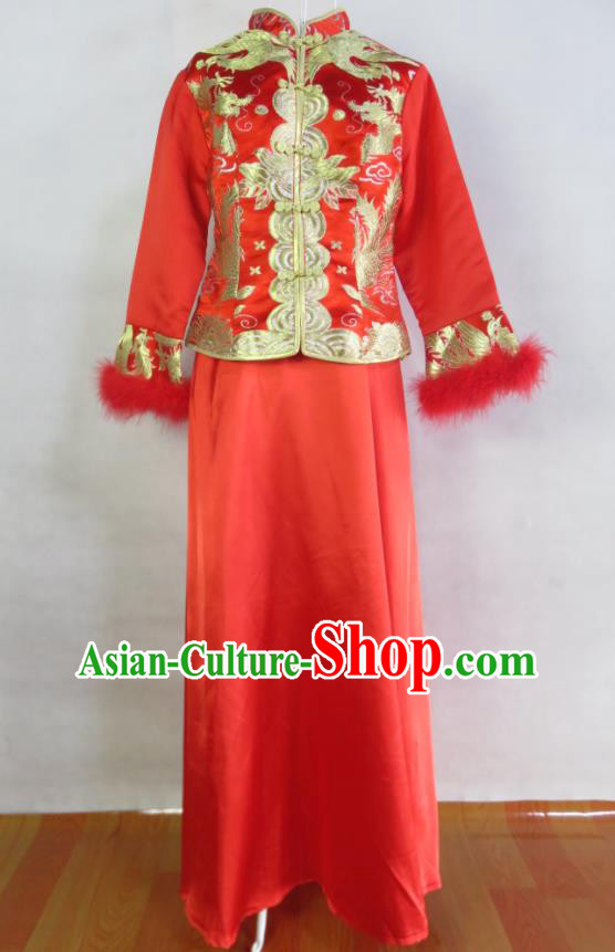 China Traditional Wedding Garment Costumes Classical Red Brocade Cheongsam Embroidery Xiuhe Suits Ancient Toasting Clothing Bride Dress