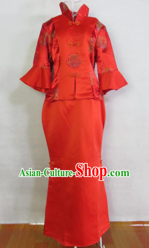 China Red Satin Xiuhe Suits Ancient Toasting Clothing Bride Dress Traditional Wedding Garment Costumes Classical Cheongsam