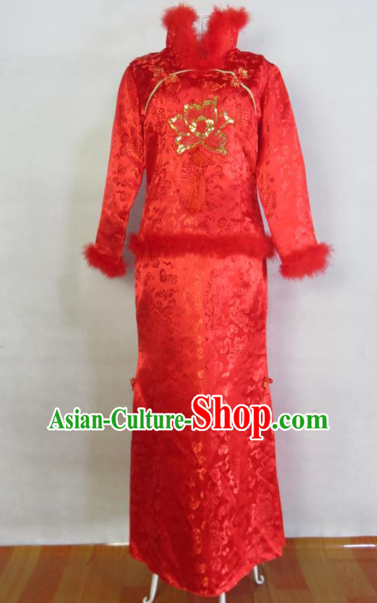 China Bride Red Satin Dress Traditional Winter Wedding Garment Costumes Tang Suit Cheongsam Classical Xiuhe Suits Ancient Toasting Clothing