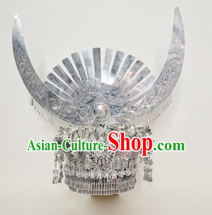 Chinese Dong Minority Woman Silver Headpieces Ethnic Wedding Headwear Miao Nationality Bride Hat