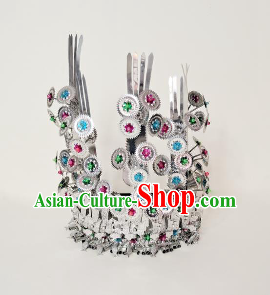 Chinese Ethnic Bride Wedding Headwear Tujia Nationality Stage Performance Hat Dong Minority Woman Silver Headdress