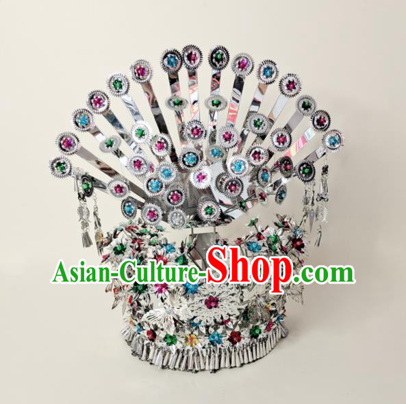 Chinese Miao Nationality Stage Performance Silver Hat Hmong Minority Woman Folk Dance Headdress Yunnan Ethnic Hair Crown Hair Accessories