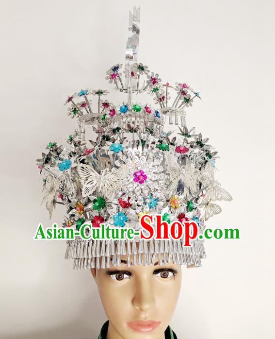 Chinese Yunnan Ethnic Phoenix Coronet Hair Accessories Miao Nationality Stage Performance Silver Hat Hmong Minority Folk Dance Headdress