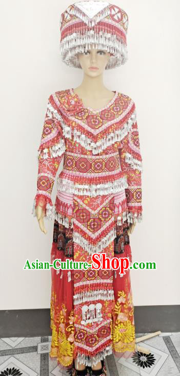 China Miao Nationality Wedding Costume Photography Clothing Hmong Ethnic Dance Red Dress Outfits Traditional Yunnan Minority Bride Garments