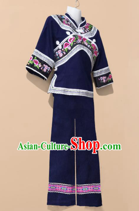 Chinese Guizhou Ethnic Woman Navy Outfits Bouyei Nationality Embroidery Garment Costumes Zhuang Minority Folk Dance Clothing
