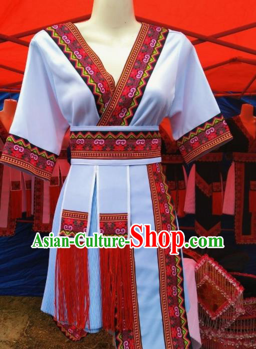 China Traditional Hmong Folk Dance White Dress Outfits Yunnan Minority Festival Garments Miao Nationality Wedding Costumes Ethnic Performance Clothing
