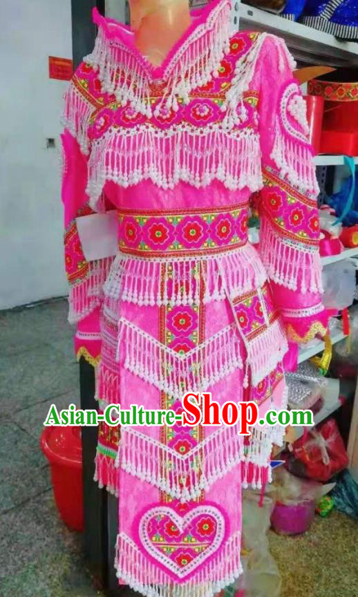 China Miao Nationality Folk Dance Costumes Yunnan Ethnic Wedding Clothing Traditional Hmong Bride Pink Dress Outfits Guizhou Minority Garments