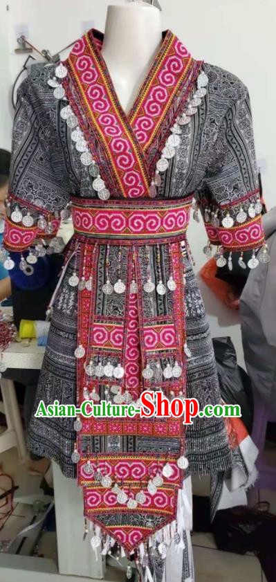 China Miao Nationality Costumes Ethnic Performance Clothing Traditional Hmong Folk Dance Grey Dress Outfits Yunnan Minority Female Garments