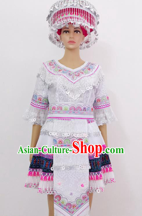 China Miao Nationality Folk Dance Costumes Ethnic Photography Clothing Traditional Hmong Festival White Dress Outfits Guizhou Minority Woman Garments