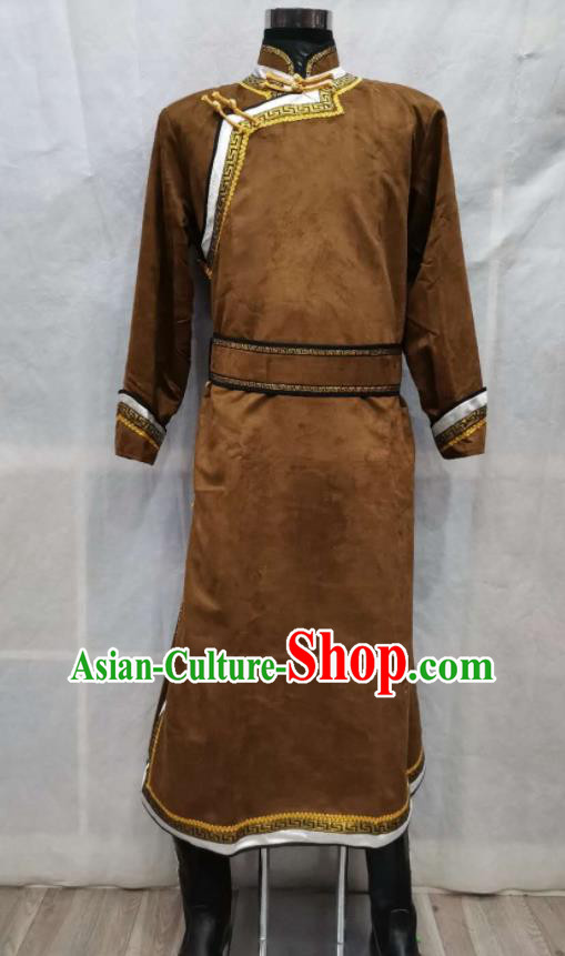 Chinese Traditional Maroon Suede Fabric Mongolian Robe Ethnic Nadam Festival Performance Costume Mongol Nationality Folk Dance Clothing