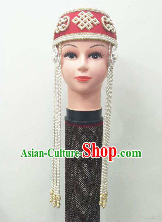 Chinese Ethnic Folk Dance Headdress Mongol Nationality Stage Performance Beads Tassel Hat Mongolian Minority Dance Hair Accessories