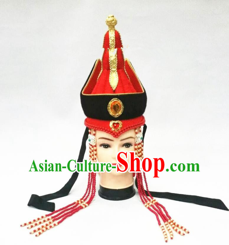 Chinese Mongolian Minority Wedding Hair Accessories Ethnic Bride Headdress Mongol Nationality Performance Red Hat