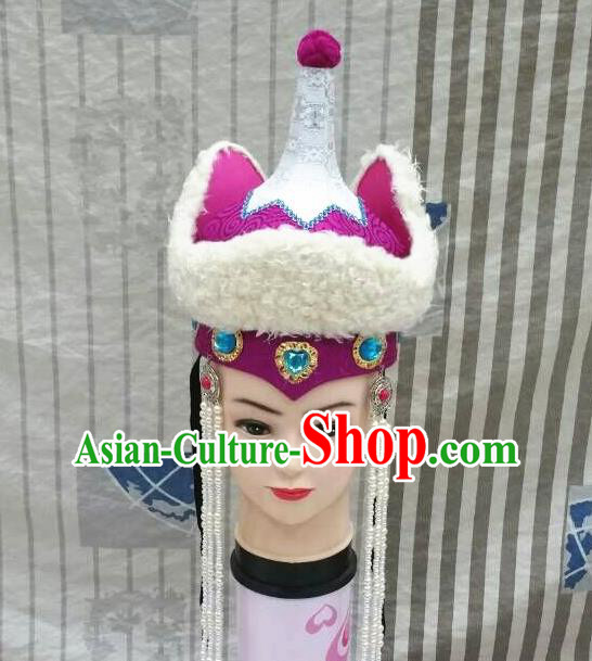 Chinese Mongol Nationality Bride Tassel Purple Hat Mongolian Minority Wedding Hair Accessories Ethnic Stage Performance Headdress