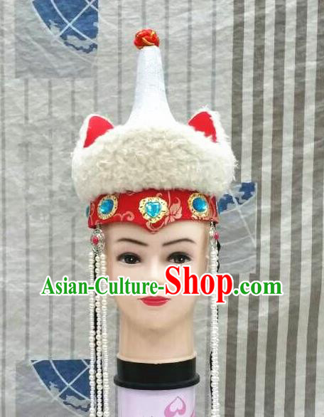 Chinese Ethnic Stage Performance Headdress Mongol Nationality Bride Tassel Red Hat Mongolian Minority Wedding Hair Accessories