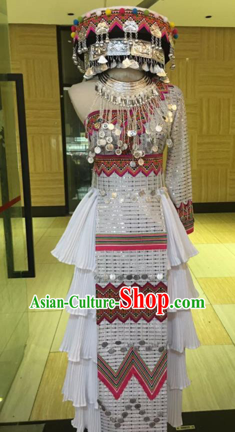 China Yunnan Minority Folk Dance Garments Miao Nationality Bride Costumes Ethnic Clothing Traditional Hmong Wedding White Dress Outfits