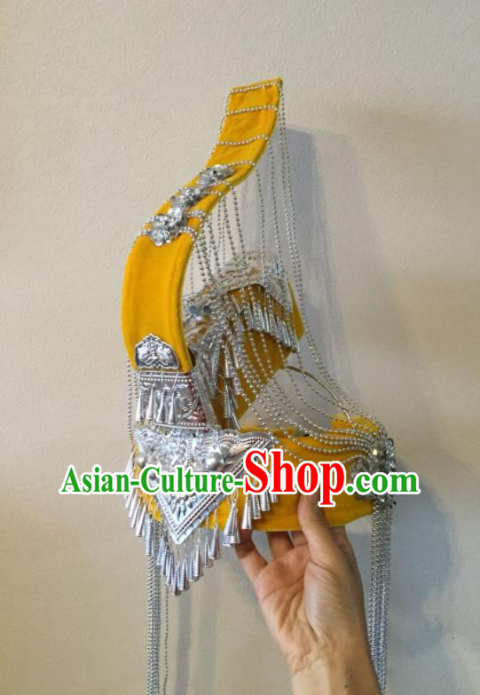 China She Nationality Folk Dance Yellow Tassel Hat Guangdong Minority Woman Headwear Ethnic Performance Headdress