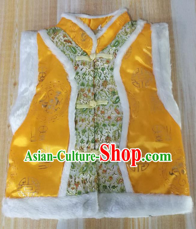 Chinese Traditional Children Mongolian Waistcoat Tang Suit Yellow Brocade Vest Ethnic Girl Costume Mongol Nationality Folk Dance Clothing