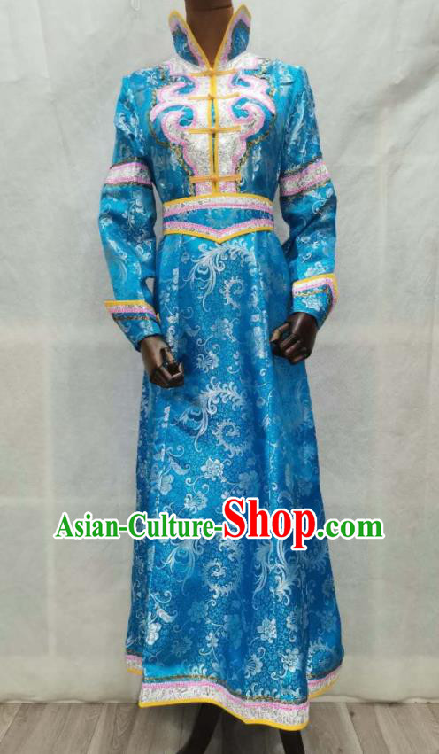 China Traditional Mongolian Folk Dance Blue Brocade Dress Mongol Minority Woman Garments Moggol Nationality Performance Clothing