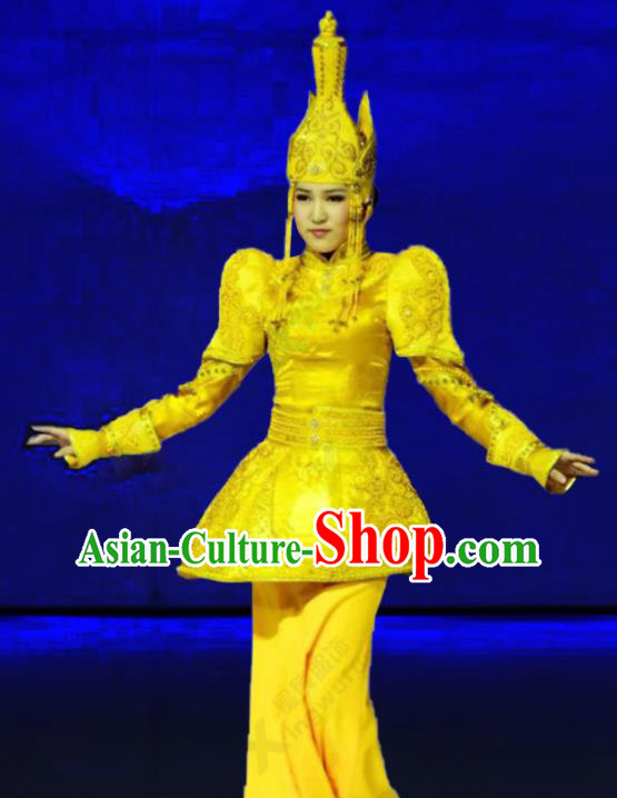 Chinese Traditional Ethnic Concert Performance Yellow Dress Outfits Mongolian Minority Folk Dance Apparels Mongol Nationality Woman Clothing