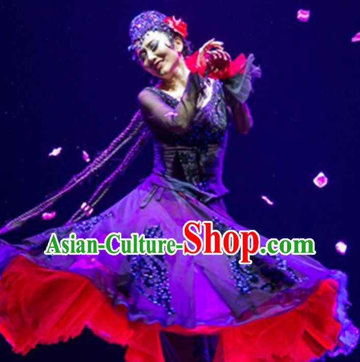 Chinese Uyghur Nationality Woman Clothing Traditional Xinjiang Ethnic Performance Purple Dress Outfits Uighur Minority Folk Dance Apparels