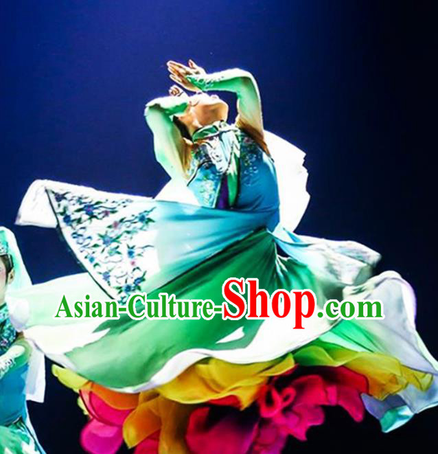 Chinese Hui Minority Folk Dance Apparels Hui Nationality Woman Clothing Traditional Ningxia Ethnic Performance Blue Dress Outfits