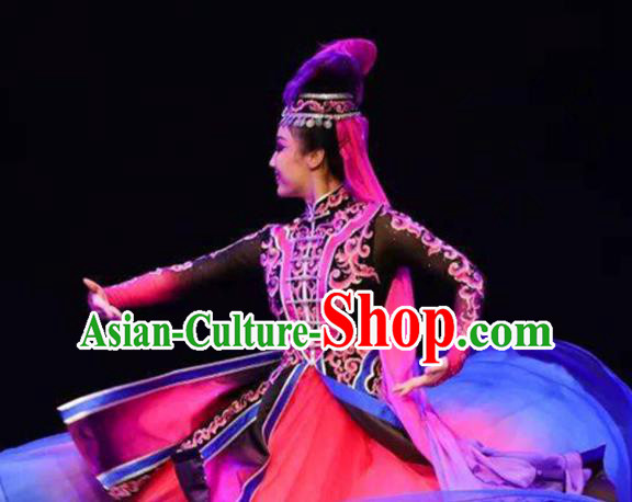 Chinese Uyghur Nationality Woman Dance Clothing Traditional Xinjiang Ethnic Stage Performance Rosy Dress Outfits Uighur Minority Dance Apparels