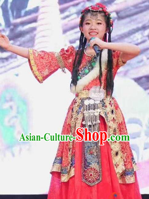 Chinese Traditional Ethnic Stage Performance Red Dress Outfits Zang Minority Folk Dance Apparels Tibetan Nationality Girl Clothing