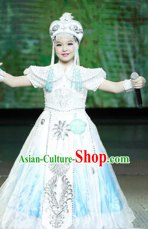 Chinese Mongol Minority Folk Dance Apparels Mongolian Nationality Girl Clothing Traditional Ethnic Stage Performance White Dress Outfits