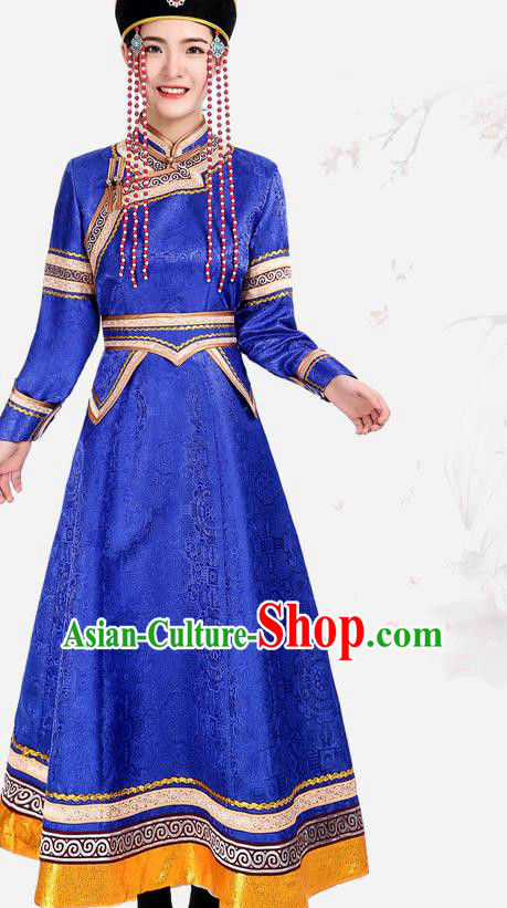 China Mongol Minority Fashion Woman Folk Dance Clothing Mongolian Nationality Performance Costume Ethnic Blue Brocade Dress