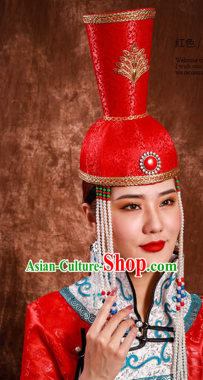 China Handmade Ethnic Wedding Bride Tassel Red Hat Mongolian Nationality Performance Headdress Mongol Nationality Festival Headwear