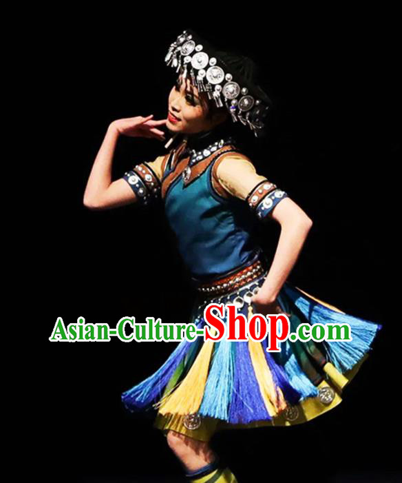 Chinese Traditional Yunnan Ethnic Green Dress Outfits Lisu Minority Stage Performance Apparels Dai Nationality Country Woman Dance Clothing