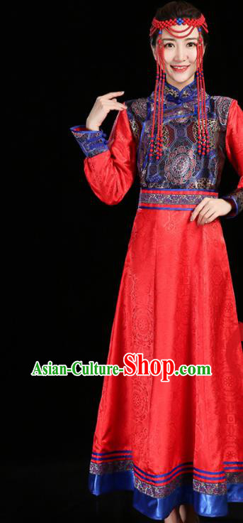 China Ethnic Dance Performance Red Dress Mongol Minority Compere Fashion Folk Dance Clothing Mongolian Nationality Woman Informal Costume