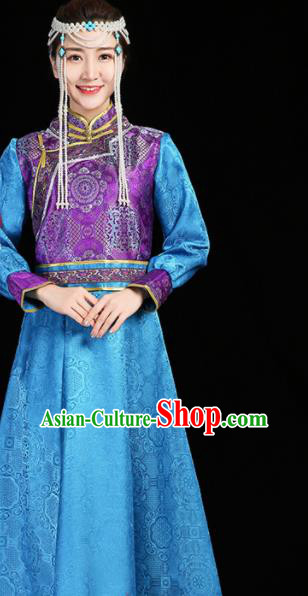 China Folk Dance Clothing Mongolian Nationality Woman Informal Costume Ethnic Performance Blue Dress Mongol Minority Compere Fashion