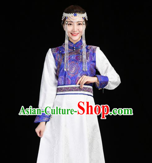 China Mongol Minority Woman Dance Fashion Stage Performance Clothing Mongolian Nationality Informal Costume Ethnic White Brocade Dress