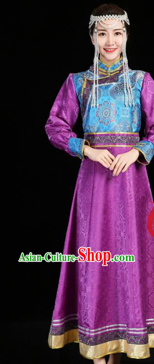 China Ethnic Purple Brocade Dress Mongol Minority Woman Dance Fashion Stage Performance Clothing Mongolian Nationality Informal Costume