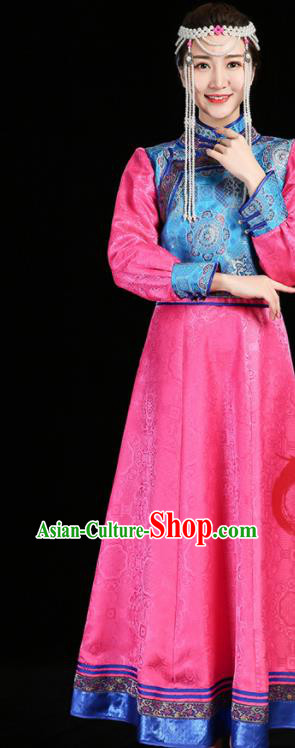 China Mongolian Nationality Informal Costume Ethnic Pink Brocade Dress Mongol Minority Woman Dance Fashion Stage Performance Clothing