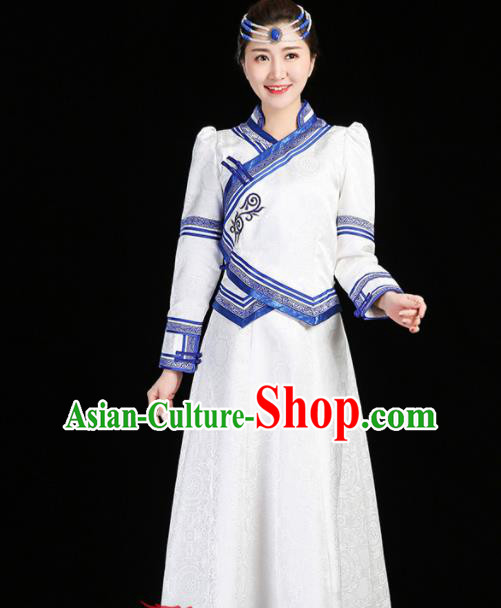China Mongolian Performance Clothing Moggol Nationality Female Informal Costume Ethnic Folk Dance White Dress Mongol Minority Fashion