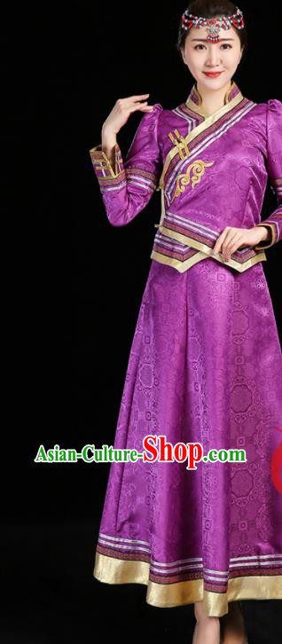 China Mongolian Compere Clothing Moggol Nationality Woman Informal Costume Ethnic Performance Purple Dress Mongol Minority Two Pieces Suits