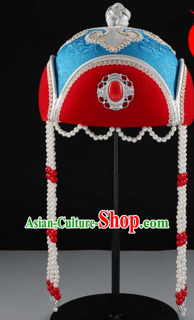 China Mongolian Nationality Headwear Mongol Nationality Girl Performance Hair Accessories Handmade Ethnic Children Dance Blue Hat
