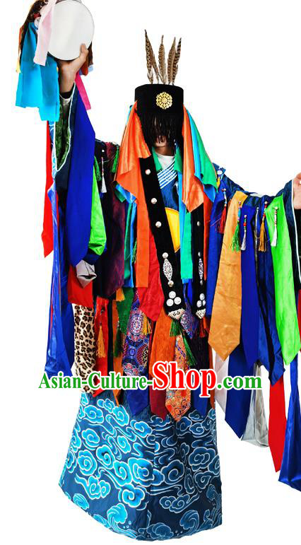 Chinese Traditional Cosplay Shaman Wizard Deep Blue Robe Mongol Minority Ceremony Performance Apparels Mongolian Ethnic Religious Rites Clothing and Headwear