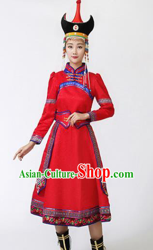 China Ethnic Folk Dance Red Dress Mongol Minority Female Outfits Mongolian Performance Clothing Moggol Nationality Ceremony Costume