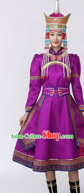 China Mongol Minority Female Outfits Mongolian Performance Clothing Moggol Nationality Ceremony Costume Ethnic Folk Dance Purple Dress