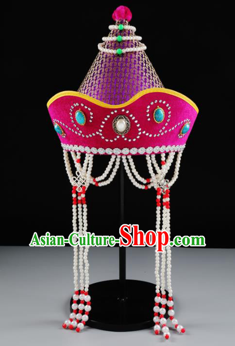 China Mongolian Nationality Children Hair Accessories Mongol Girl Dance Headwear Handmade Ethnic Stage Performance Purple Hat