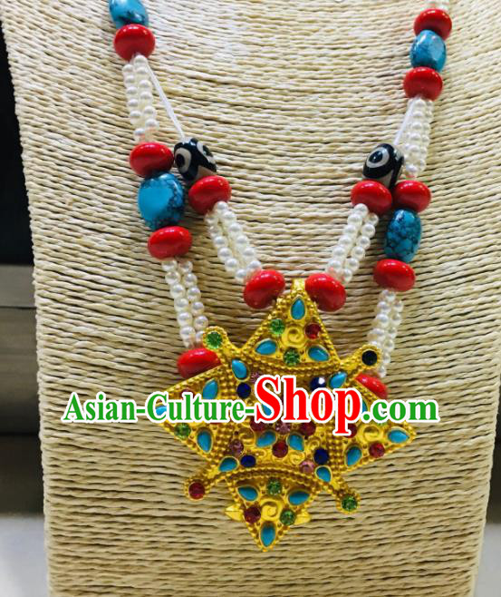 Chinese Zang Minority Wedding Necklace Jewelry Folk Dance Necklet Accessories Traditional Tibetan Nationality Festival Pendant
