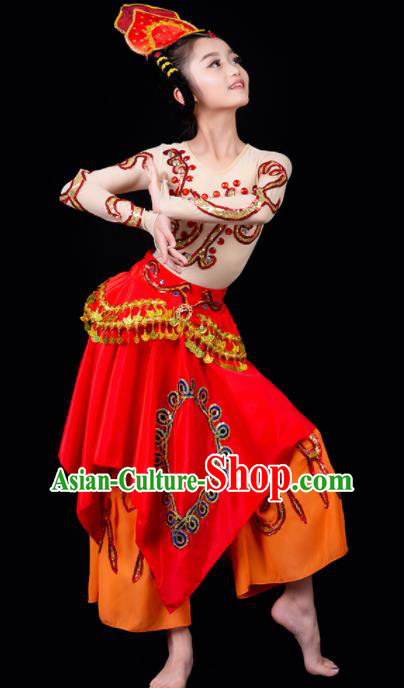 China Children Flying Apsaras Dance Dress Drum Dance Red Outfits Girl Performance Clothing Classical Dance Garment Costumes
