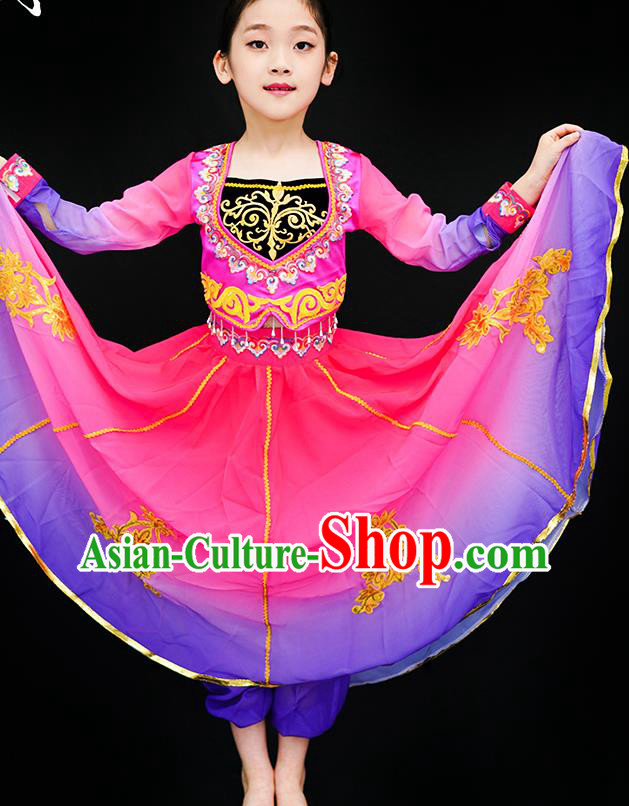 Chinese Uyghur Nationality Stage Performance Pink Dress Outfits Uighur Minority Children Dance Clothing Xinjiang Ethnic Girl Dance Costumes
